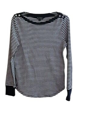 Lauren Ralph Lauren Navy & White Striped Button-Shoulder Long Sleeve BoatneckTop